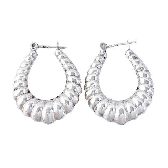 Estate Sterling Silver 925 Ribbed Teardrop Creole Hoop Earrings - Picture 2 of 6